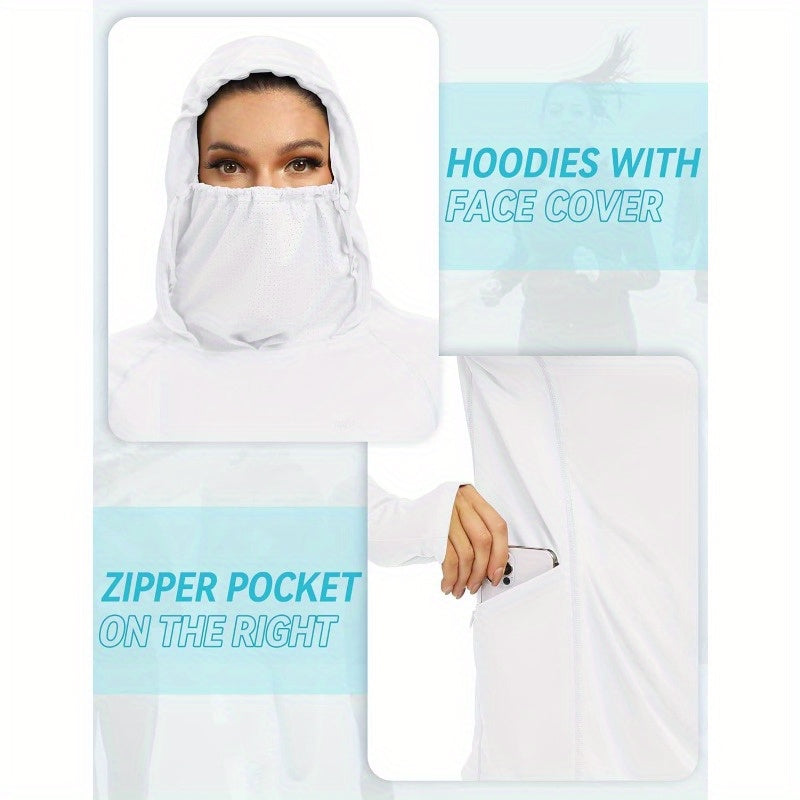 Women'S 50+ Shirt with Built-in Face Mask - Lightweight Breathable Hoodie, Quick-Dry Long Sleeve Top for Outdoor Activities, Hiking, Beach - Sun Shield Clothing with Neck Coverage, Clothing, Hiking Apparel, Minimalistic Design, Stretchy Fabric