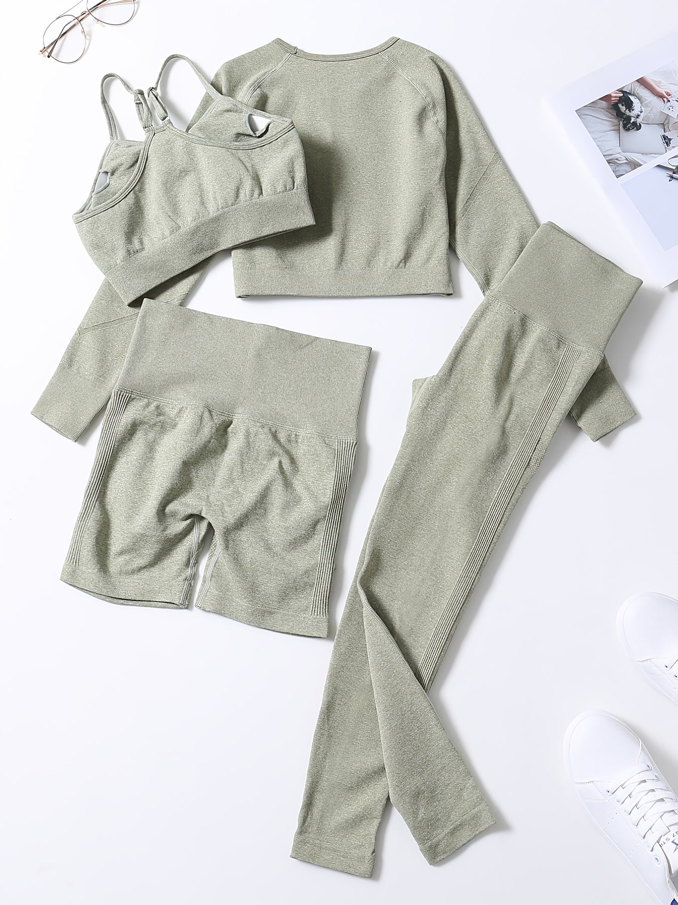 Smiling Face Style Workout Outfits for Women 4pcs Ribbed Seamless Crop Tank High Waist Yoga Leggings Sets