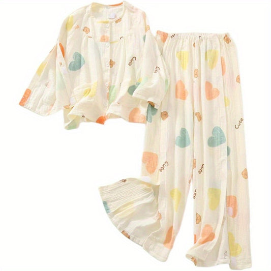 Women's Tearable Post-Operative Recovery Sleepwear - Adaptive Full-Open Pants with Elastic Waist & Cuffs, Pastel Heart Print for Paralyzed Bedridden Patients, Fracture Care & Home Use