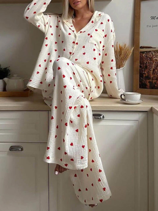 Women'S Elegant Long Sleeve Pajama Set with Heart Pattern - Soft Polyester, Perfect for Spring and Summer, Relaxed Fit, Lightweight & Breathable, Comfortable Clothing | Relaxed Fit Pants | Polyester Fabric