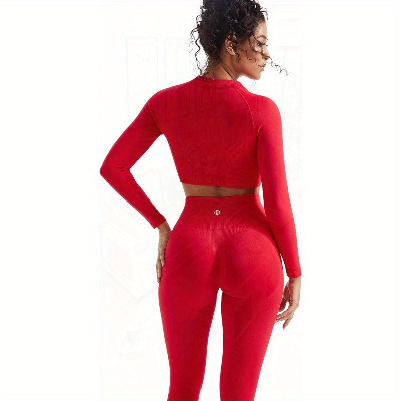 Women 2pcs Workout Sets Hidden Scrunch Hip Lifting Seamless Leggings Long Sleeve Yoga Crop Tops