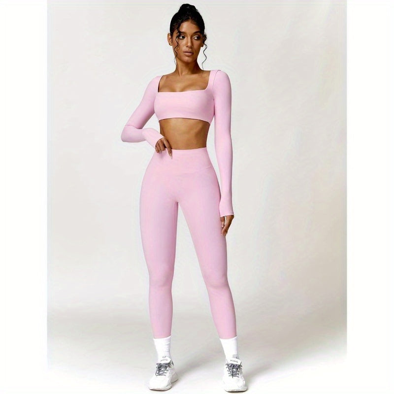 Women'S 2pcs Workout Set - Square Neck Long Sleeve Crop Top & High Waist Flared Leggings, Purple Gym Set for Fitness & Training, Non- Fabric, Workout Clothes, Training Apparel, Sleek Sportswear, Comfortable Fit