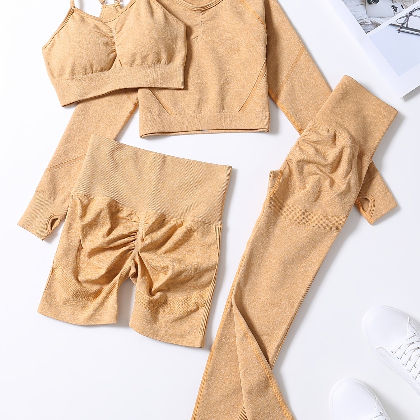 Smiling Face Style Workout Outfits for Women 4pcs Ribbed Seamless Crop Tank High Waist Yoga Leggings Sets