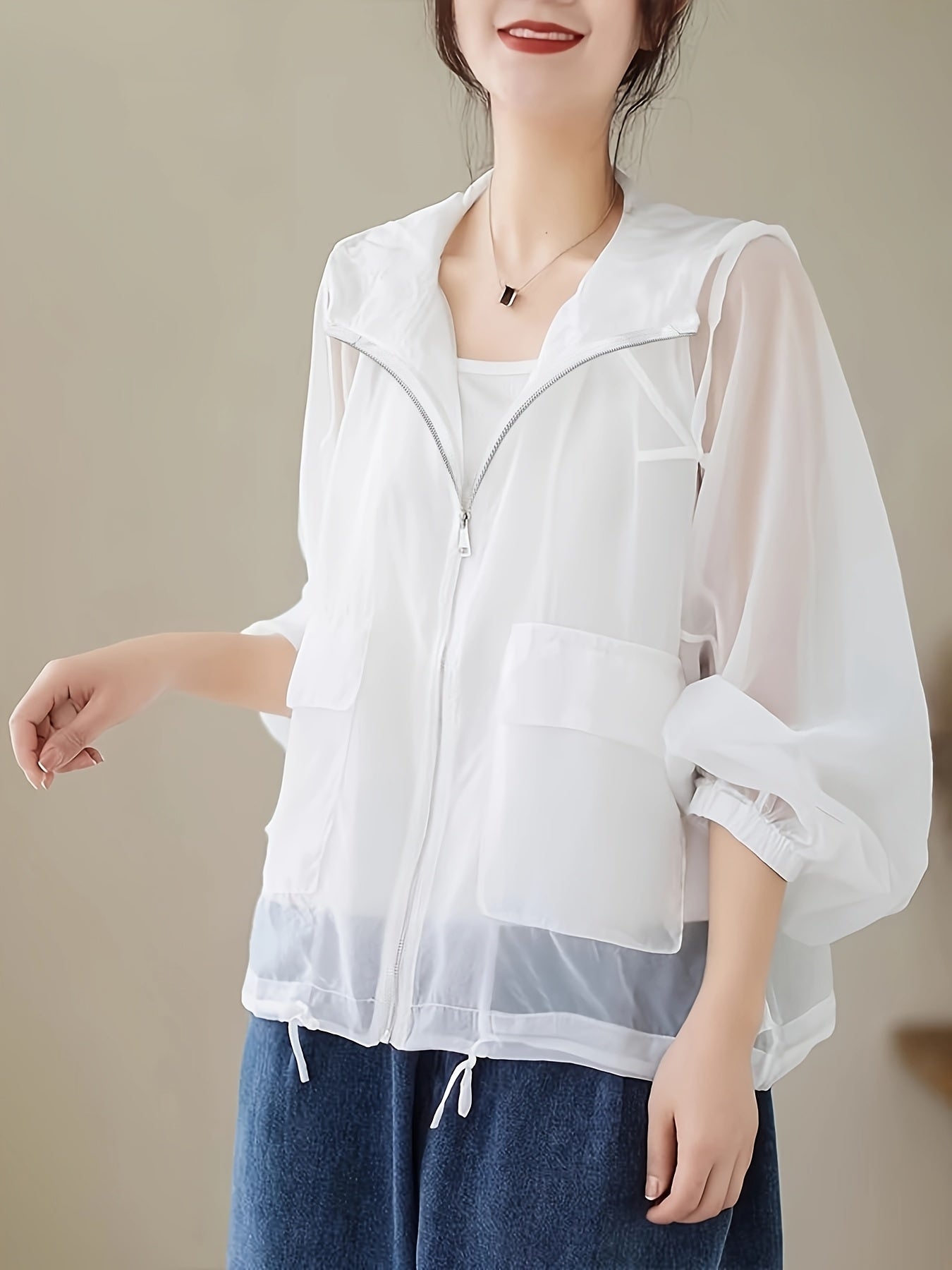 Women'S Lightweight Breathable Sun Protection Hooded Jacket - Casual Solid Color Zip-Up Long Sleeve Outerwear with Drawstring Detail, Spring\u002FSummer Collection, Loose Fit, Polyester Fabric