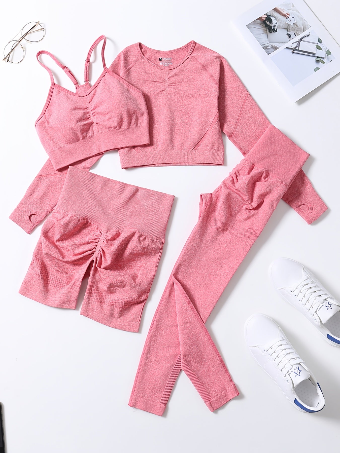 Smiling Face Style Workout Outfits for Women 4pcs Ribbed Seamless Crop Tank High Waist Yoga Leggings Sets