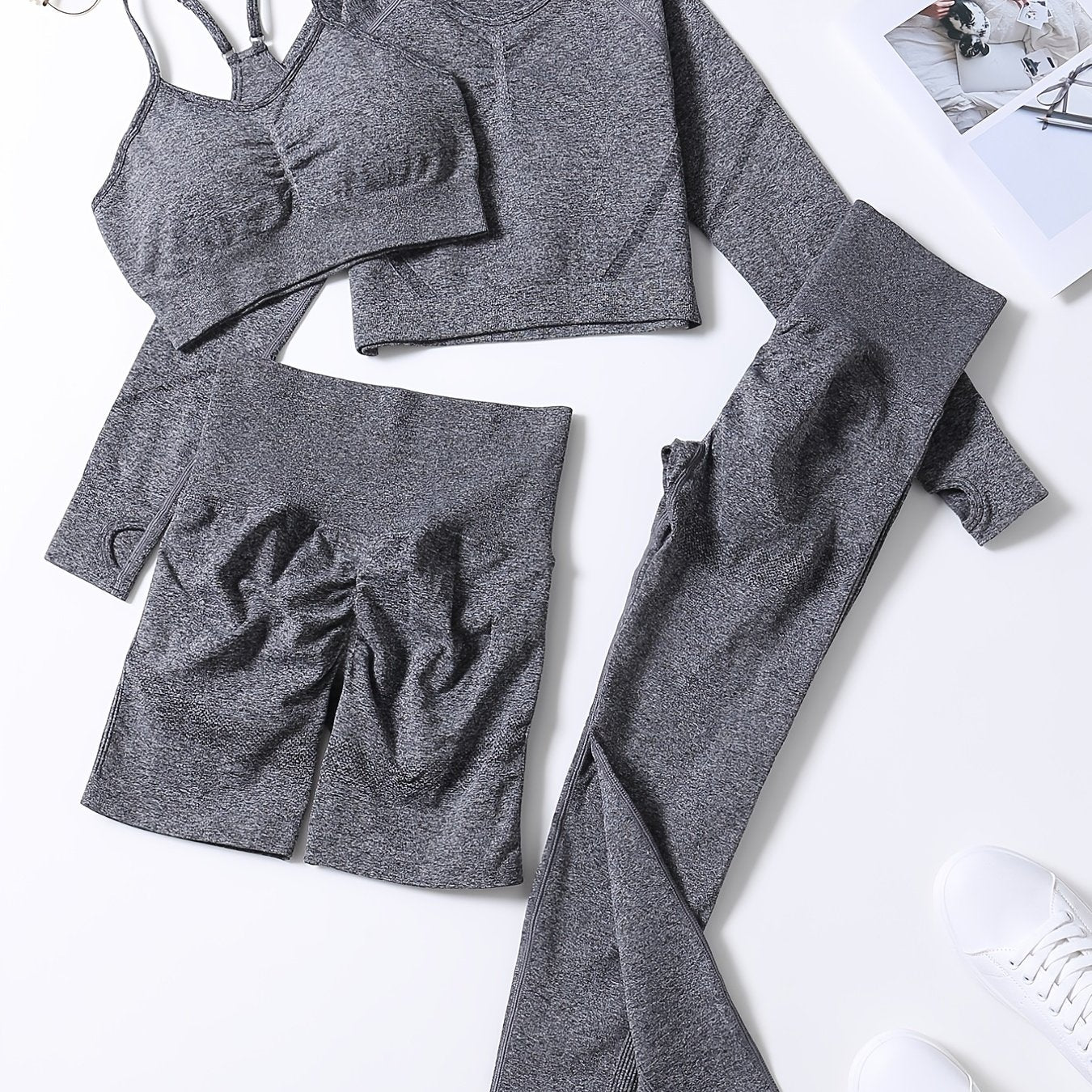 Smiling Face Style Workout Outfits for Women 4pcs Ribbed Seamless Crop Tank High Waist Yoga Leggings Sets