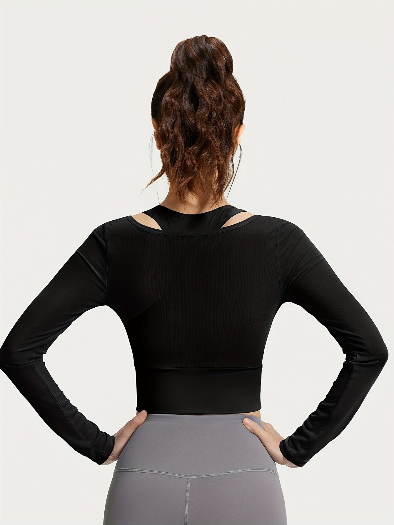 3 Colors New Spring\u002FSummer Mesh Two-Piece Yoga Set with Fixed Bra, Long Sleeve Women's Yoga Top, Slimming Elastic Waist Shaper, No-Bra Workout Fitness Shirt