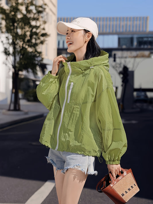 Women's Lightweight Breathable Hooded Jacket - Spring Summer Casual Outdoor Coat with Zipper Closure, Durable Non-Stretch Fabric, Vibrant Green, Machine Washable, Hooded Sun Protective Jacket, Drop Shoulder Design