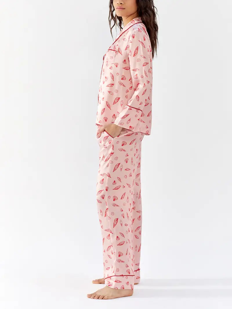 2pcs Elegant Women'S Pajama Set, Seashell Print, Geometric Pattern, Polyester Woven Sleepwear, with Lapel Collar, Asymmetrical Detail, for All-Season Comfort