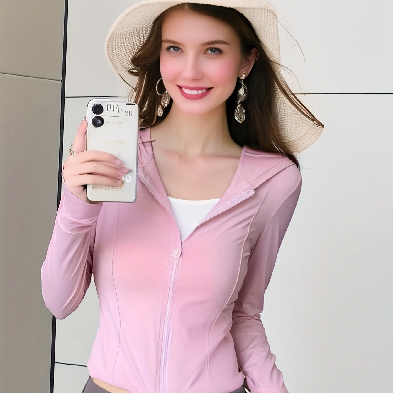 A Set of Women'S Long Jacket with a Breathable Ice Succet Protection Layer, Slim Fit Style, Suitable for Outdoor Cycling. Protect Your Light Beige from Rays And.