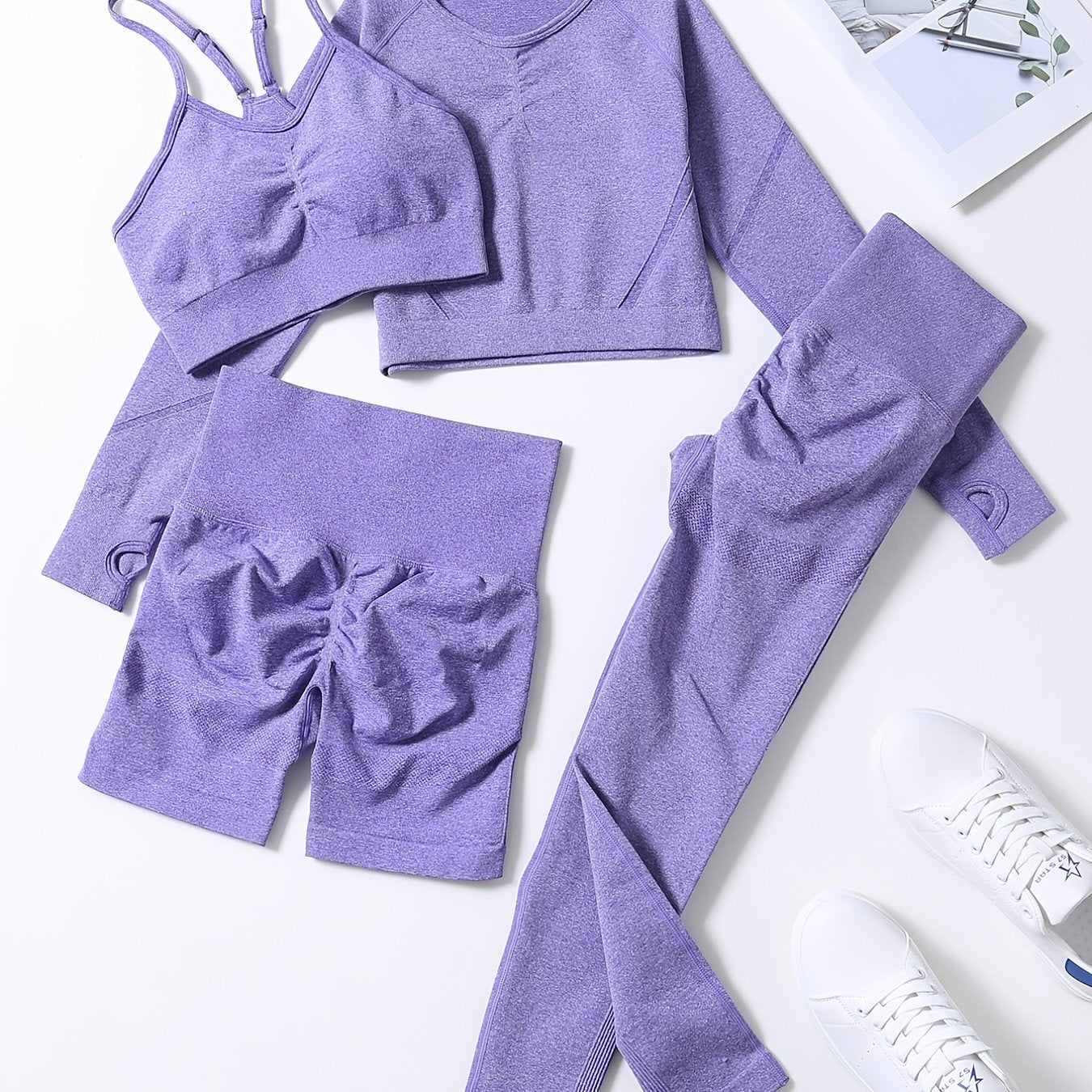 Smiling Face Style Workout Outfits for Women 4pcs Ribbed Seamless Crop Tank High Waist Yoga Leggings Sets