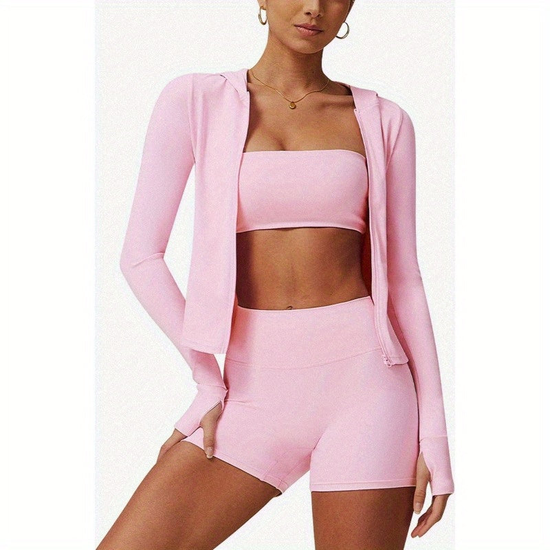 2pcs Workout Sets for Women High Waisted Shorts Long Sleeve Athletic UPF 50+ Jacket Gym Yoga Outfit