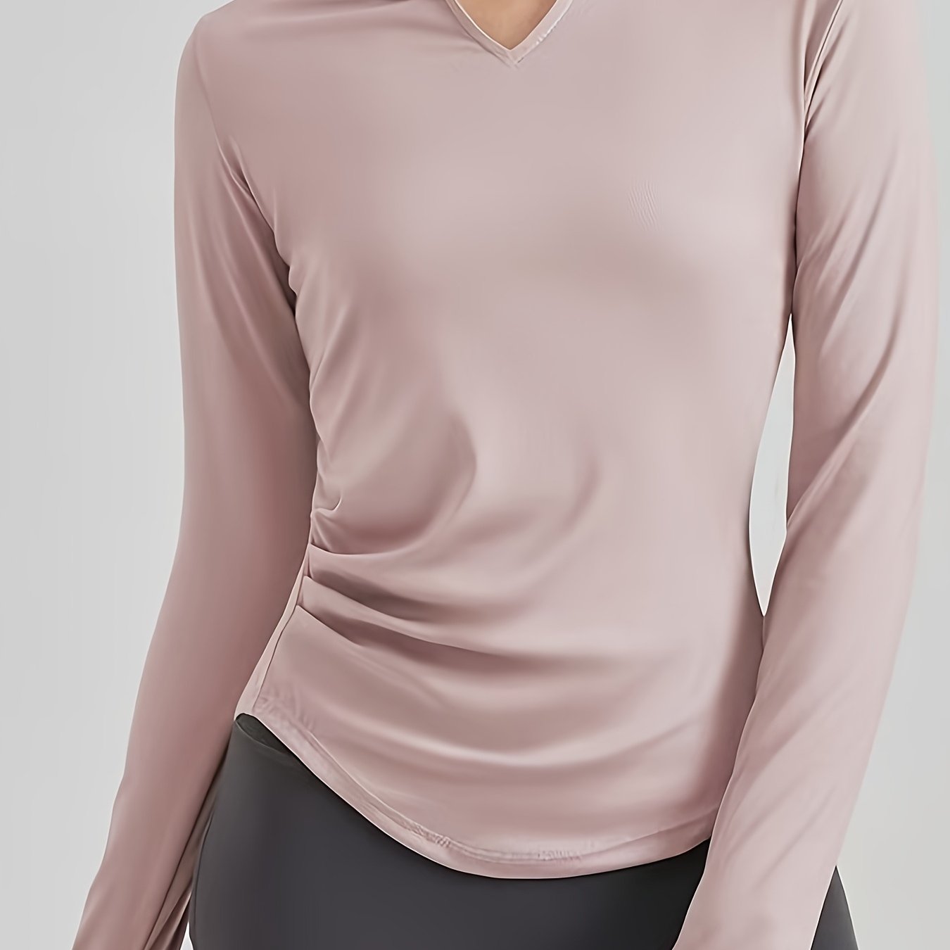 Women's Quick-Dry Sweat Absorbent Long Sleeve Workout Top - V-Neck Thumb Button Yoga Shirt with Ruching Detail, Slim Fit for Pilates, Running & Training, All-Season Machine Washable Fitness Apparel, Athletic Vneckline, Ruched Sportswear, Stretchy Fabric