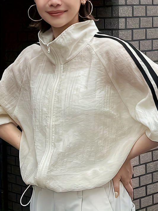 Women'S Casual Stand Collar Zip-Up Sun Protection Shirt - Long Sleeve, Solid Color, Non-Stretch Fabric, Perfect for Spring\u002FSummer Weekend Casual Wear, Sun Protection Top | Zipup Shirt | Nonstretch Fabri