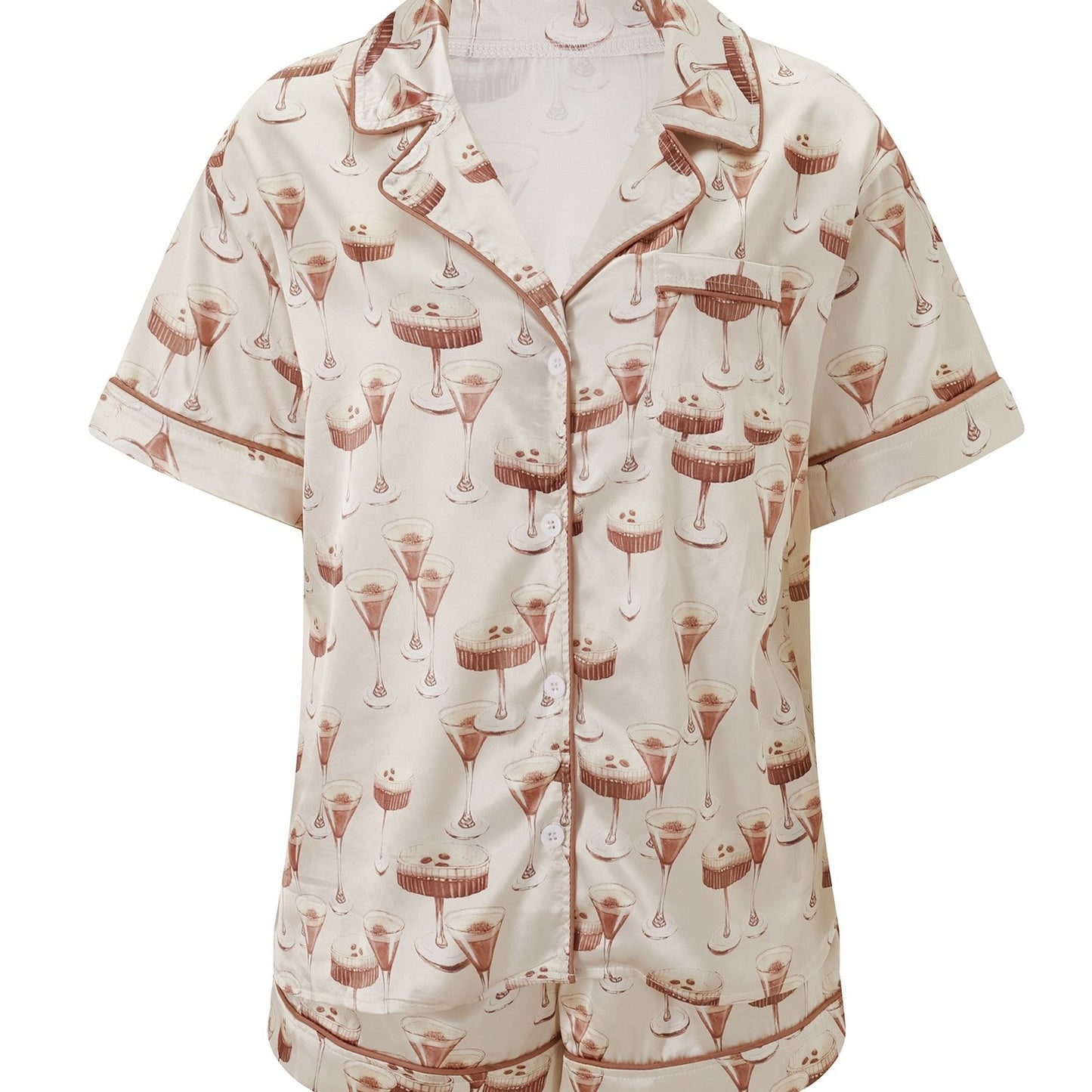 Women'S 2pcs Pajama Set, Polyester Lounge Wear with Guitar\u002FButterfly\u002FGoblet\u002FCroissant Print, Short Sleeve Top & Shorts Sleepwear Outfit, Casual All-Season Nightwear with Collared Shirt, Woven
