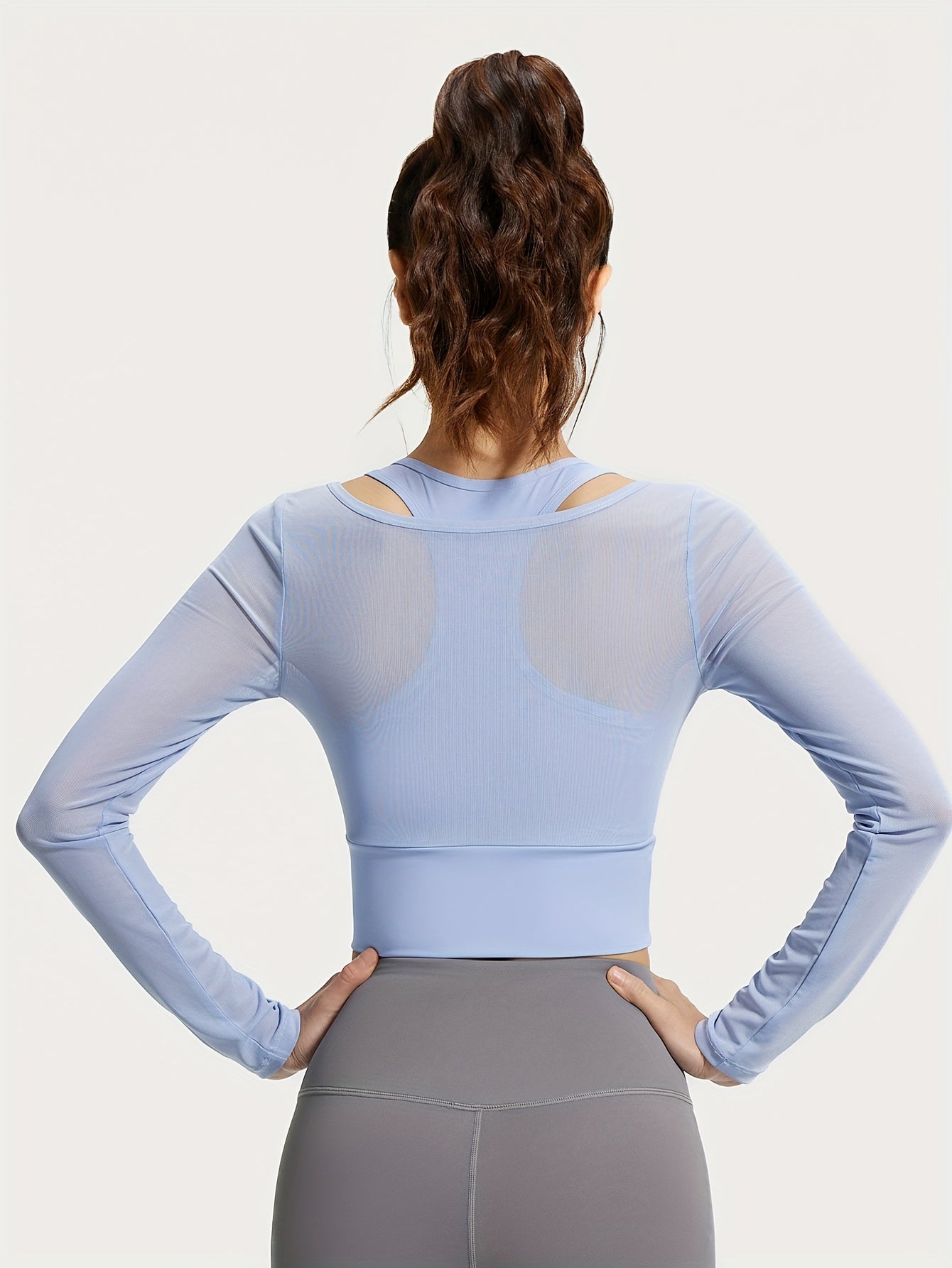 3 Colors New Spring\u002FSummer Mesh Two-Piece Yoga Set with Fixed Bra, Long Sleeve Women's Yoga Top, Slimming Elastic Waist Shaper, No-Bra Workout Fitness Shirt