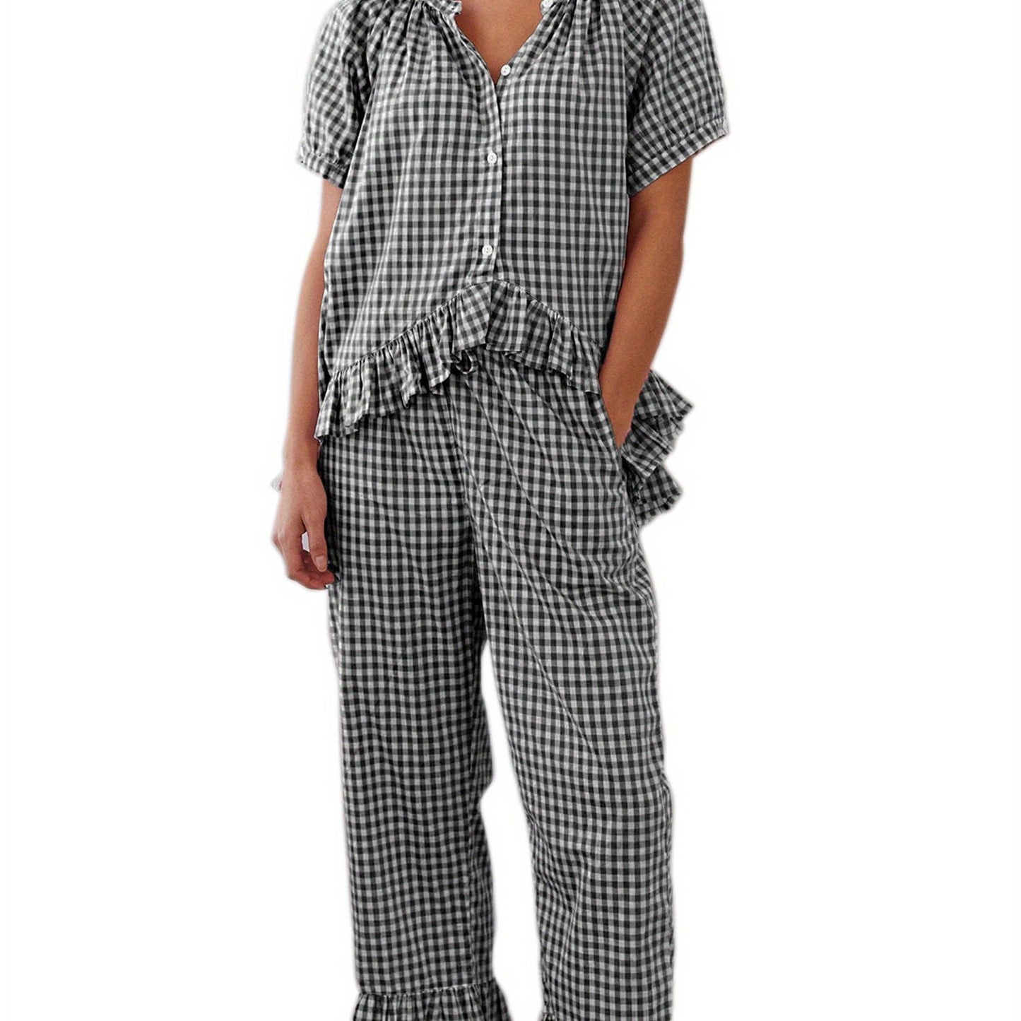 Womens 2pcs Pajama Set Short Sleeve Plaid Print Button Up Shirt + Ruffle Pants Set Sleepwear Loungewear