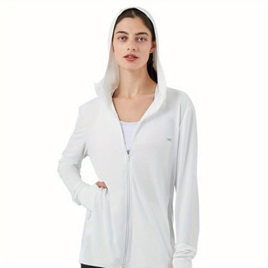 Women's UPF 70+ Full Body Sun Protection Hoodie - Lightweight UV Blocking Jacket with Front Zipper & Thumb Holes, Quick-Dry Athletic Zip-Up for Running, Hiking, Beach, Gym - White Outdoor Sports Apparel, Sun Safe Clothing, Breathable Fabric