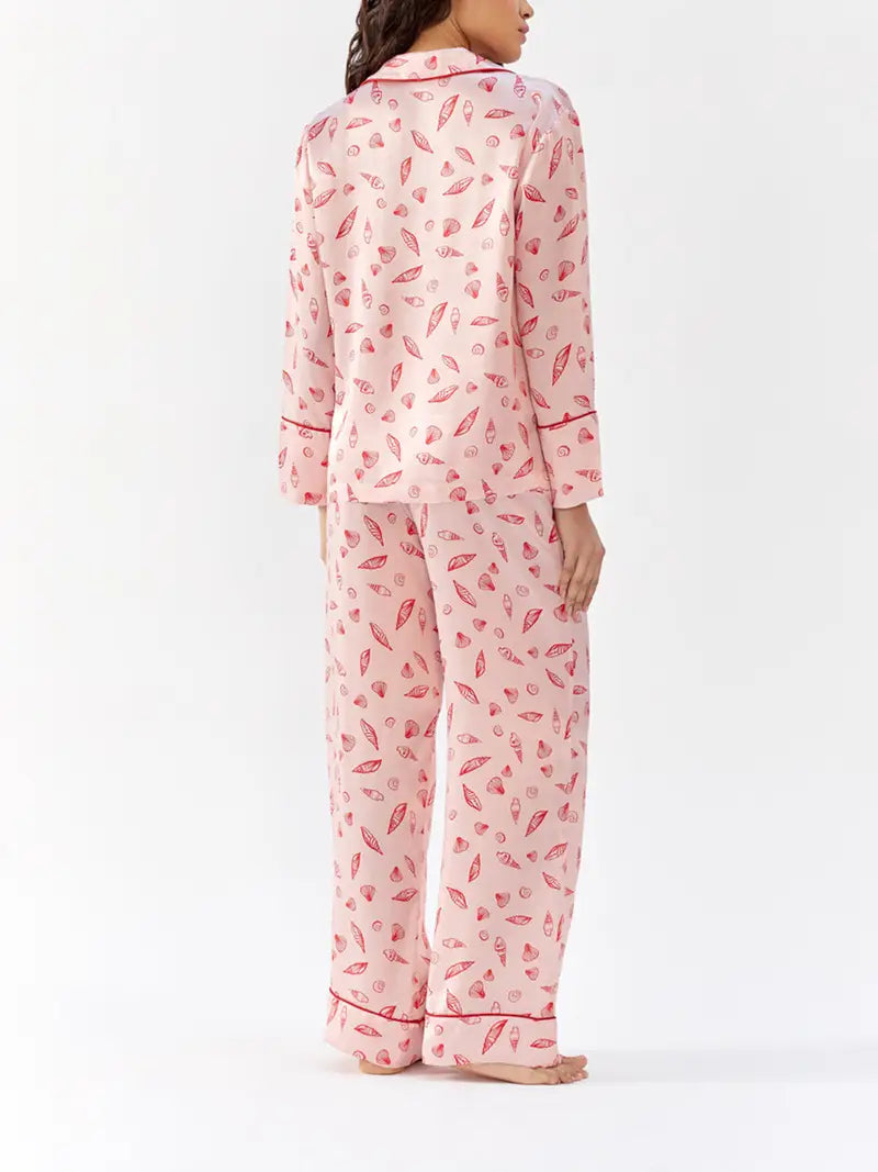 2pcs Elegant Women'S Pajama Set, Seashell Print, Geometric Pattern, Polyester Woven Sleepwear, with Lapel Collar, Asymmetrical Detail, for All-Season Comfort