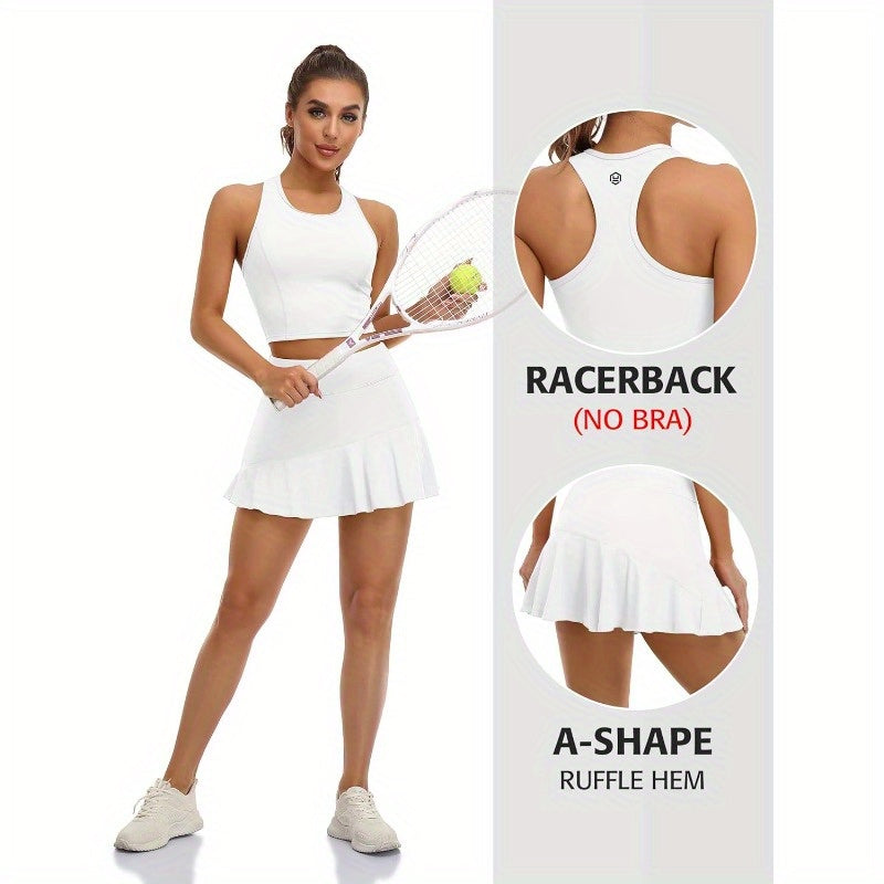 Women'S Tennis Dress with Shorts & Pockets - Racerback Golf & Workout Outfit, Breathable Stretchy Fabric, Adjustable Straps, White, Tennis Accessories, Sports Apparel, Sporty Design, Comfortable Fit