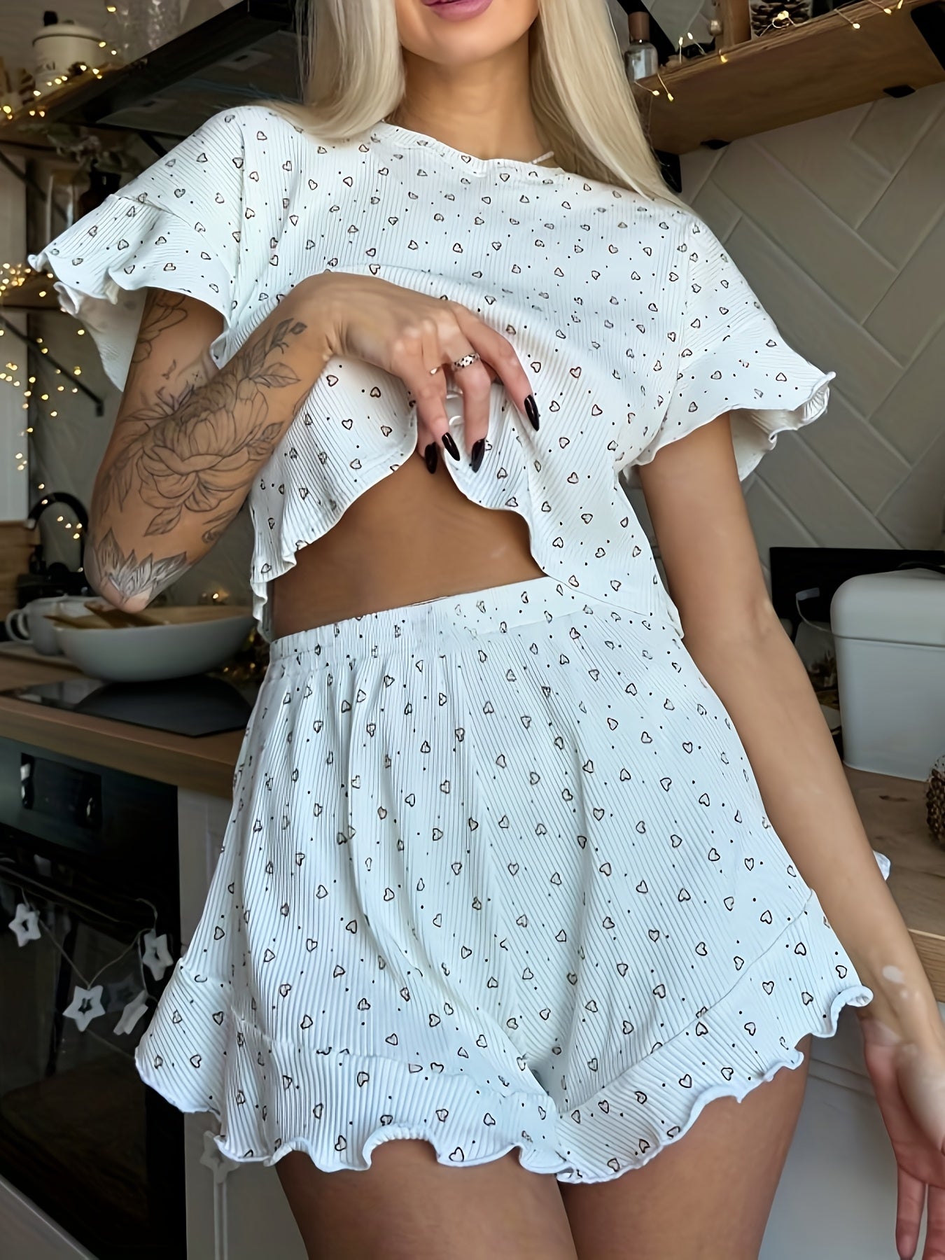 2pcs Women's Spring And Summer Sexy Fashion Round Neck Short Sleeve Hollow Slit Shorts Pajamas Set