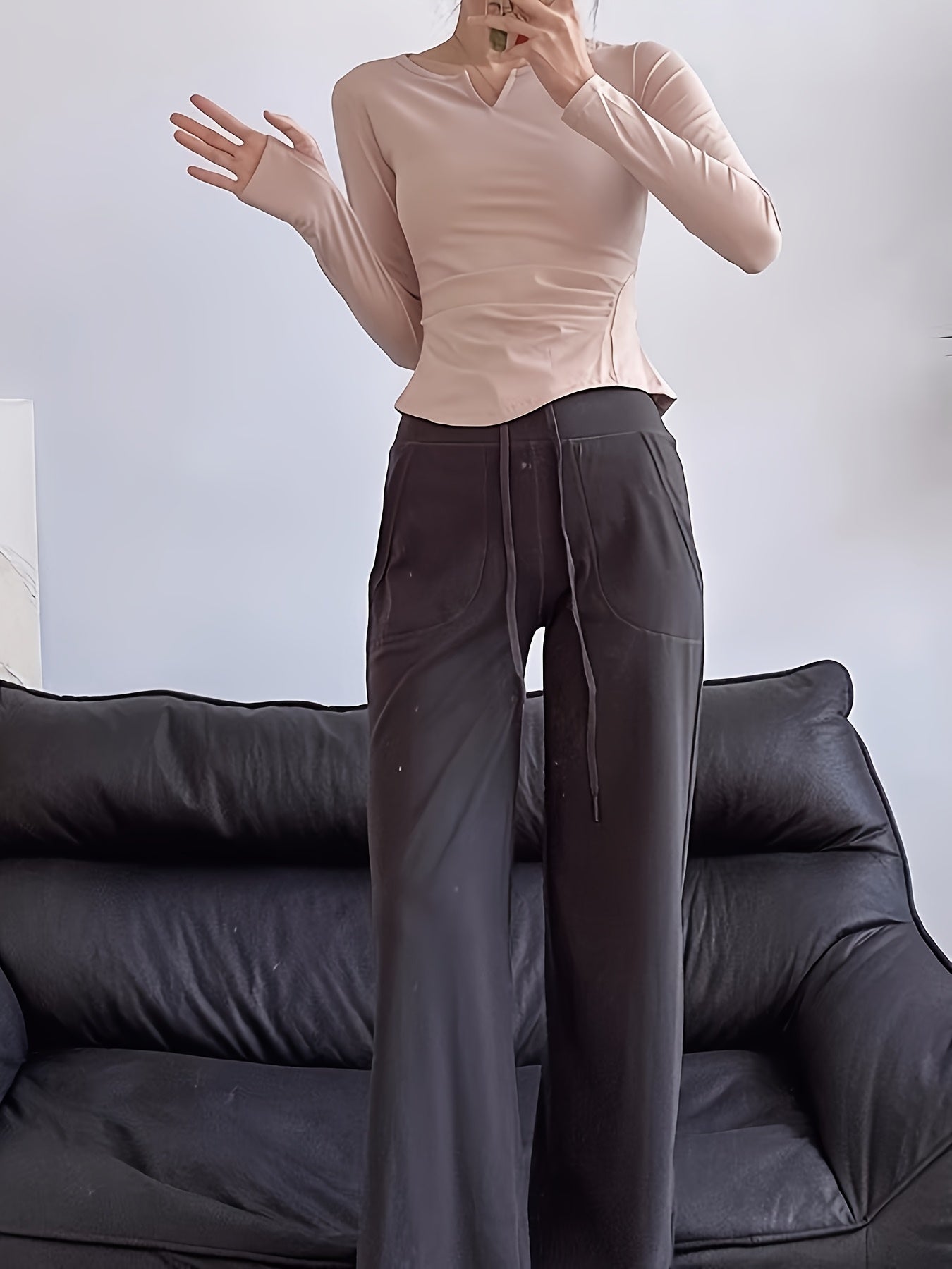 Women's Quick-Dry Sweat Absorbent Long Sleeve Workout Top - V-Neck Thumb Button Yoga Shirt with Ruching Detail, Slim Fit for Pilates, Running & Training, All-Season Machine Washable Fitness Apparel, Athletic Vneckline, Ruched Sportswear, Stretchy Fabric
