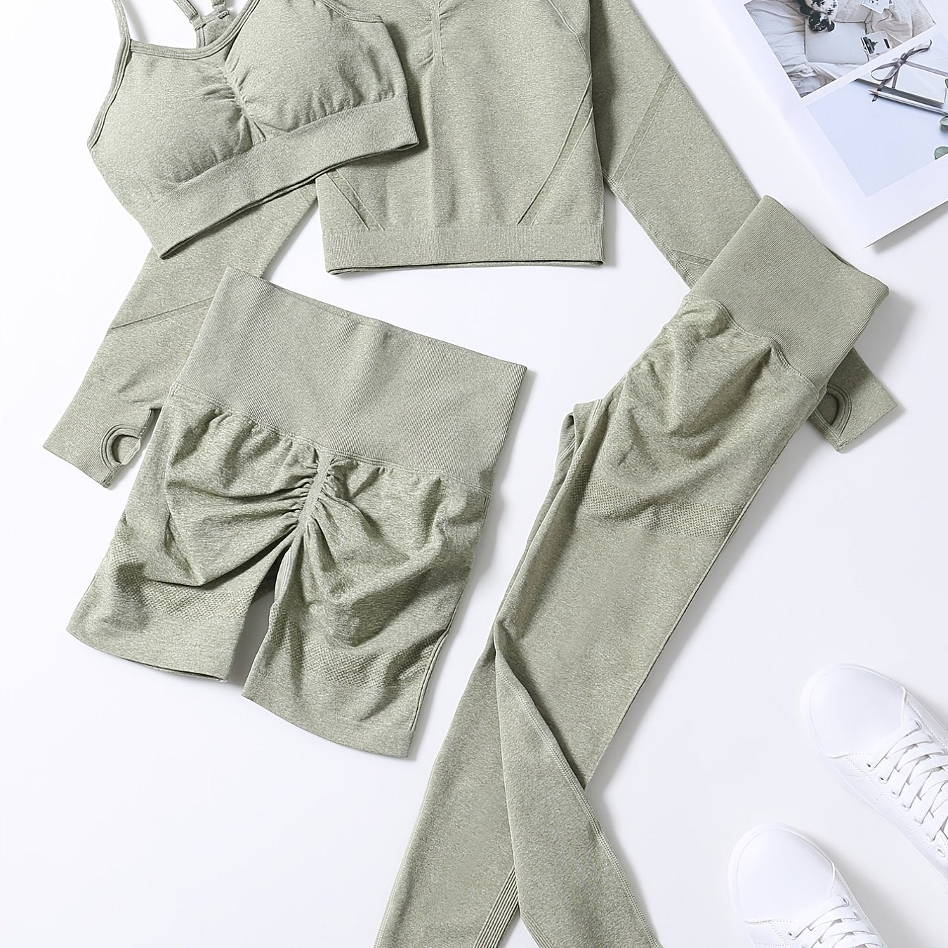 Smiling Face Style Workout Outfits for Women 4pcs Ribbed Seamless Crop Tank High Waist Yoga Leggings Sets