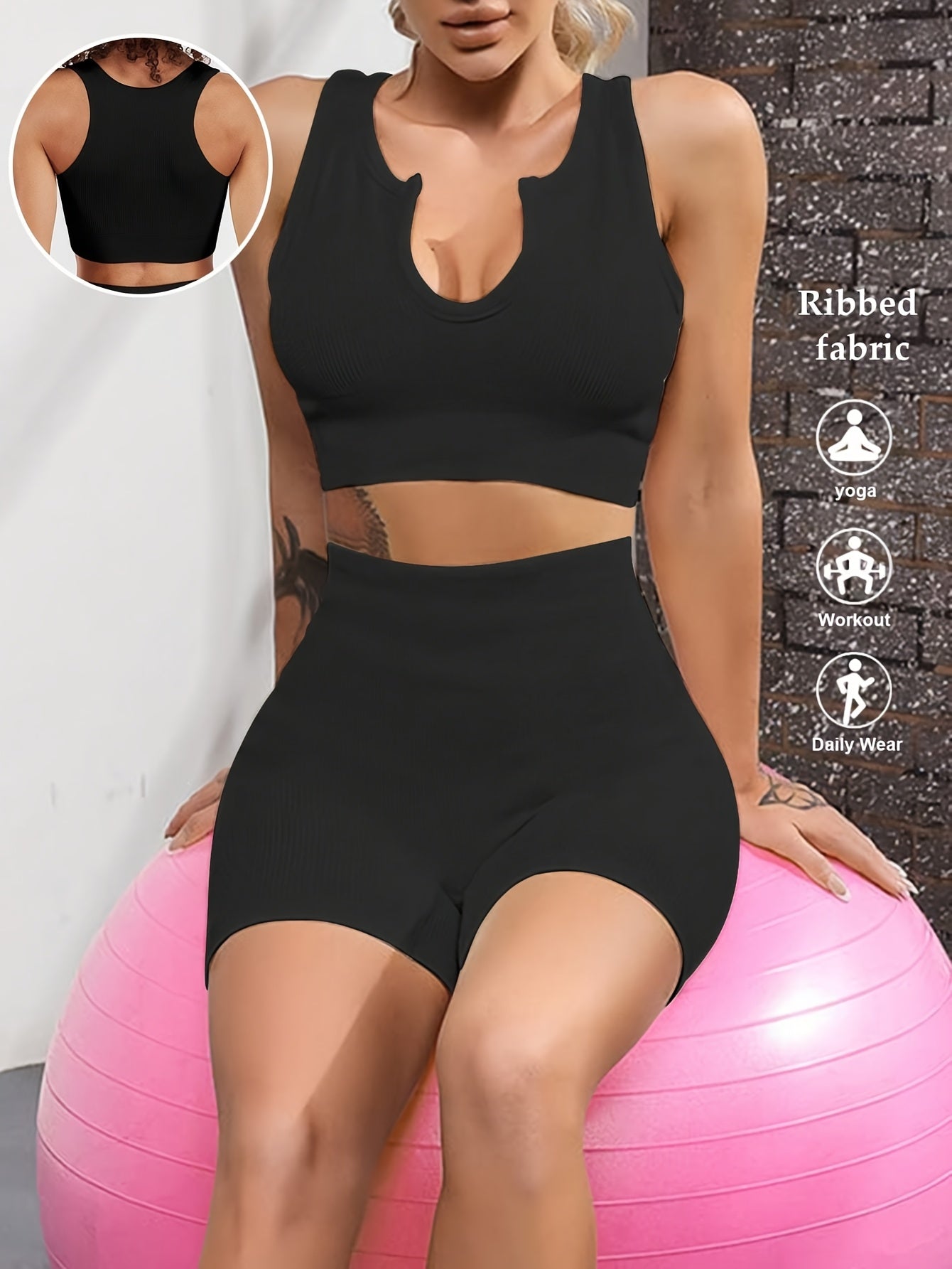 Women's 2pcs Sets Notch V Neck Crop Top Seamless Ribbed Yoga Bra & Tummy Control High Waist Shorts Set
