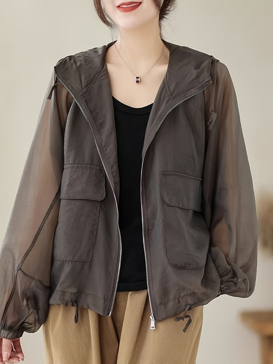 Women'S Lightweight Breathable Sun Protection Hooded Jacket - Casual Solid Color Zip-Up Long Sleeve Outerwear with Drawstring Detail, Spring\u002FSummer Collection, Loose Fit, Polyester Fabric