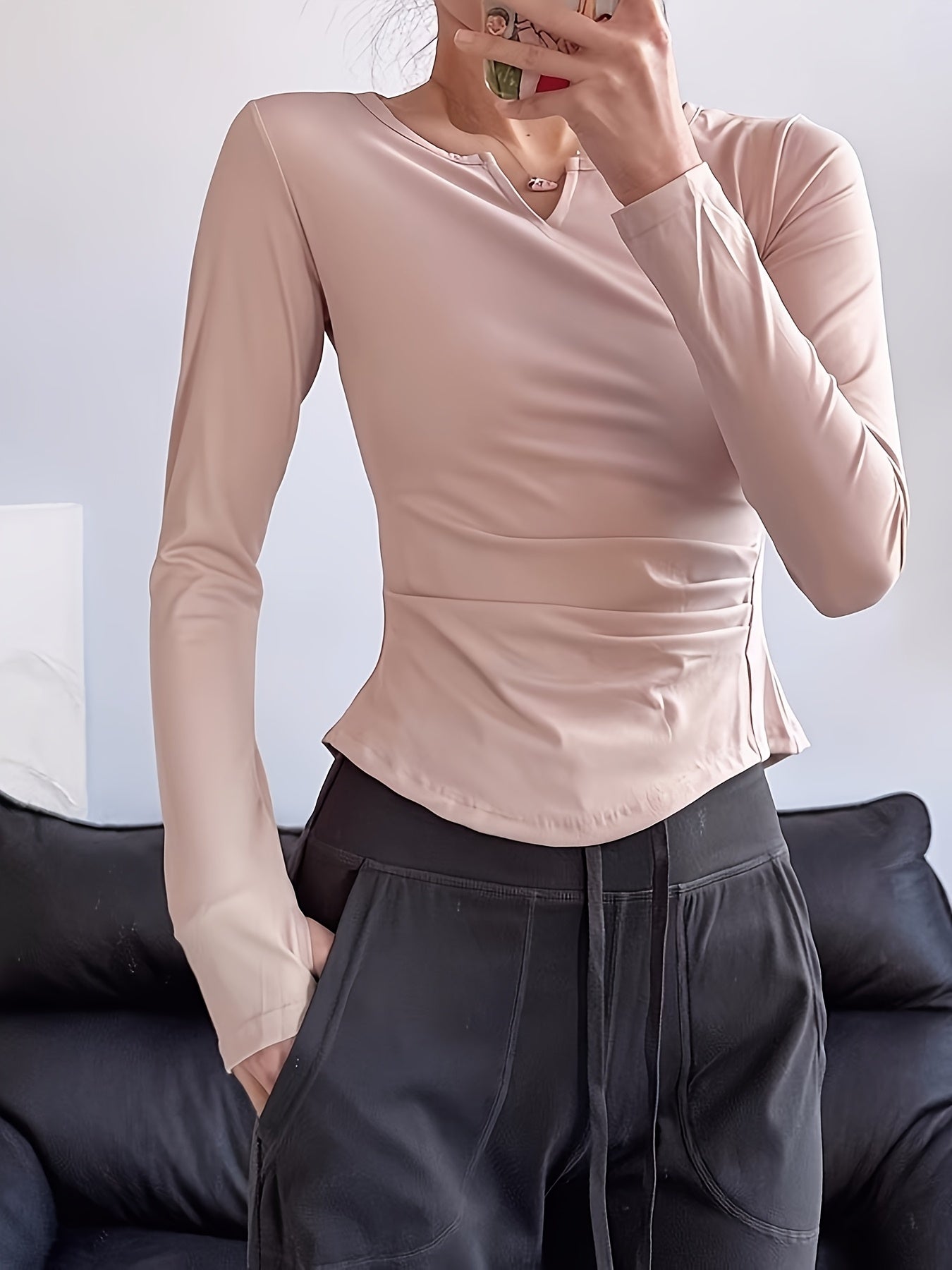 Women's Quick-Dry Sweat Absorbent Long Sleeve Workout Top - V-Neck Thumb Button Yoga Shirt with Ruching Detail, Slim Fit for Pilates, Running & Training, All-Season Machine Washable Fitness Apparel, Athletic Vneckline, Ruched Sportswear, Stretchy Fabric
