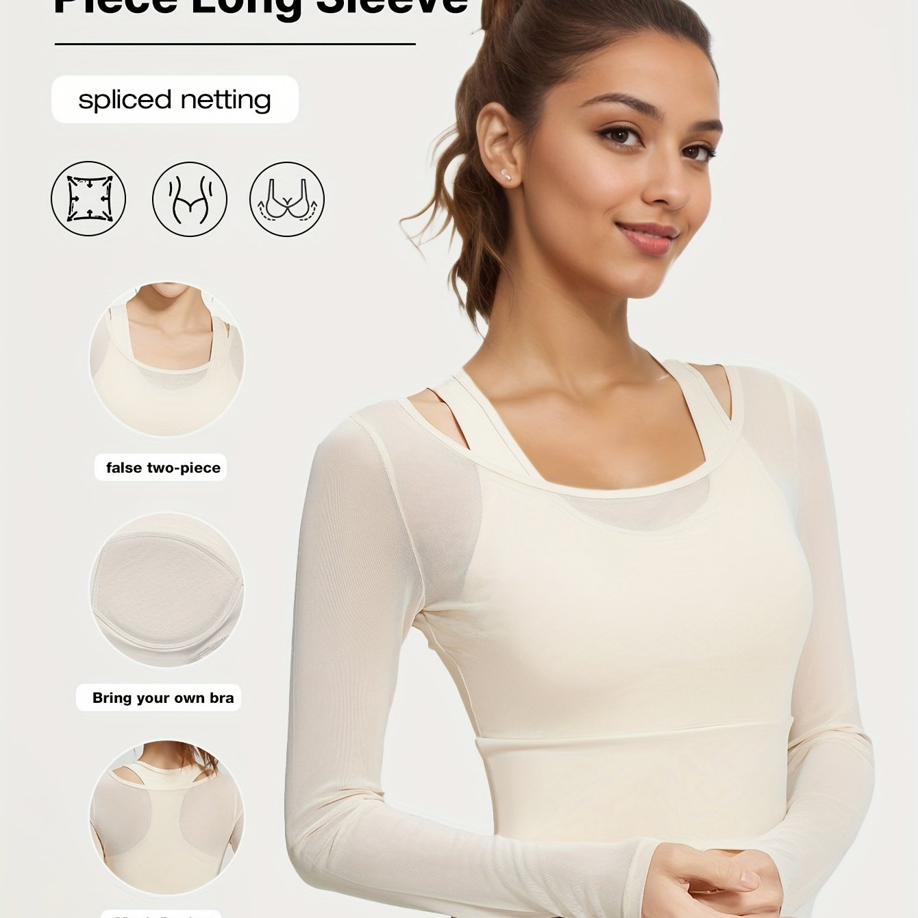 3 Colors New Spring\u002FSummer Mesh Two-Piece Yoga Set with Fixed Bra, Long Sleeve Women's Yoga Top, Slimming Elastic Waist Shaper, No-Bra Workout Fitness Shirt