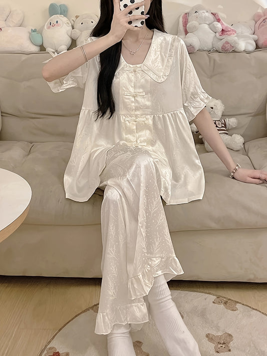 2025 New Chinese Style Summer Pajamas for Women: Ice Sliky Fiber Fabric Short-Sleeve Collar Court Lace Sweet Luxury Home Wear