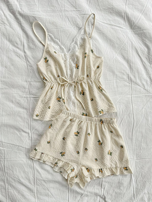 Women'S Fashion Lace Camisole and Shorts Pajama Set, Floral Pattern Spaghetti Strap Tank Top and Shorts Pajama Set, Summer