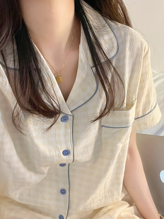 ins Sweet Style Yellow Plaid Short Sleeve 2pcs Set 2025 New Home Clothes Comfortable and Wearable