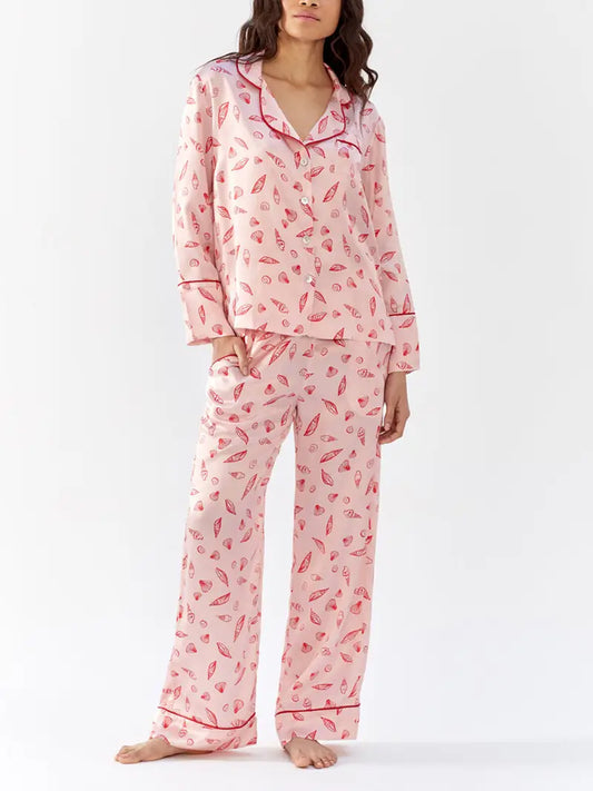 2pcs Elegant Women'S Pajama Set, Seashell Print, Geometric Pattern, Polyester Woven Sleepwear, with Lapel Collar, Asymmetrical Detail, for All-Season Comfort
