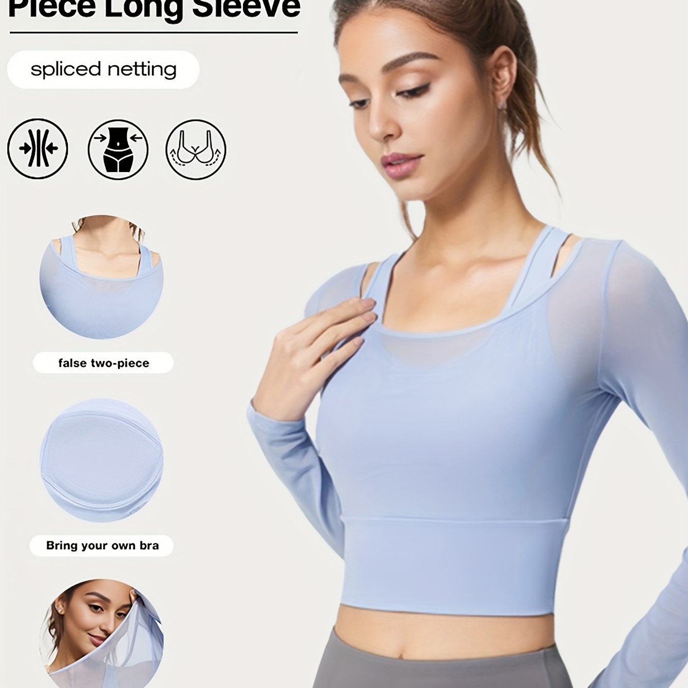 3 Colors New Spring\u002FSummer Mesh Two-Piece Yoga Set with Fixed Bra, Long Sleeve Women's Yoga Top, Slimming Elastic Waist Shaper, No-Bra Workout Fitness Shirt
