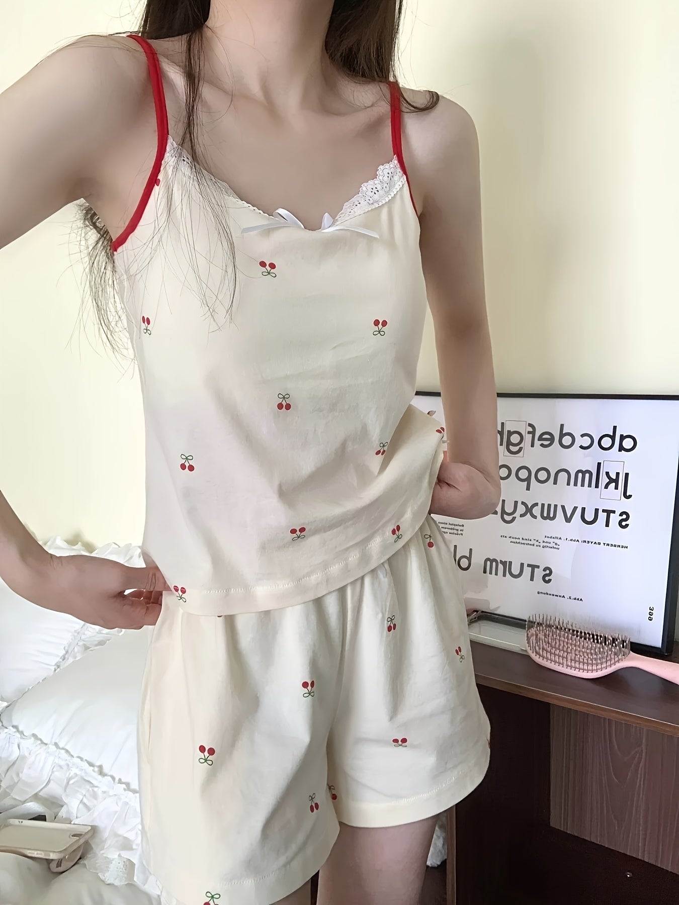 Summer Pure Desire Pajama Set, Sweet Floral Pajamas for Women with Bra Pad, New Summer Cami Shorts Loungewear Two-Piece Set