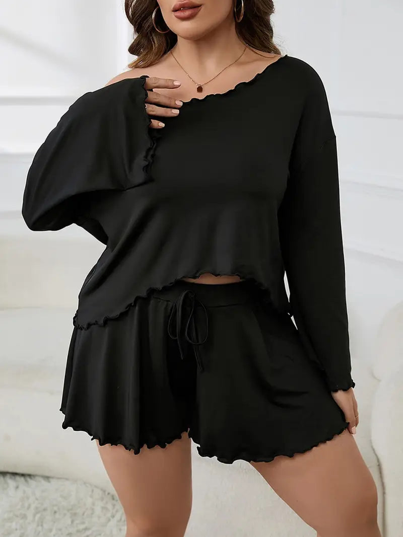 Women'S Plus Size Loungewear Set - Off-Shoulder Long Sleeve Top & Elastic Waist Shorts, Solid Black Casual Summer Sleepwear, Soft Polyester Blend