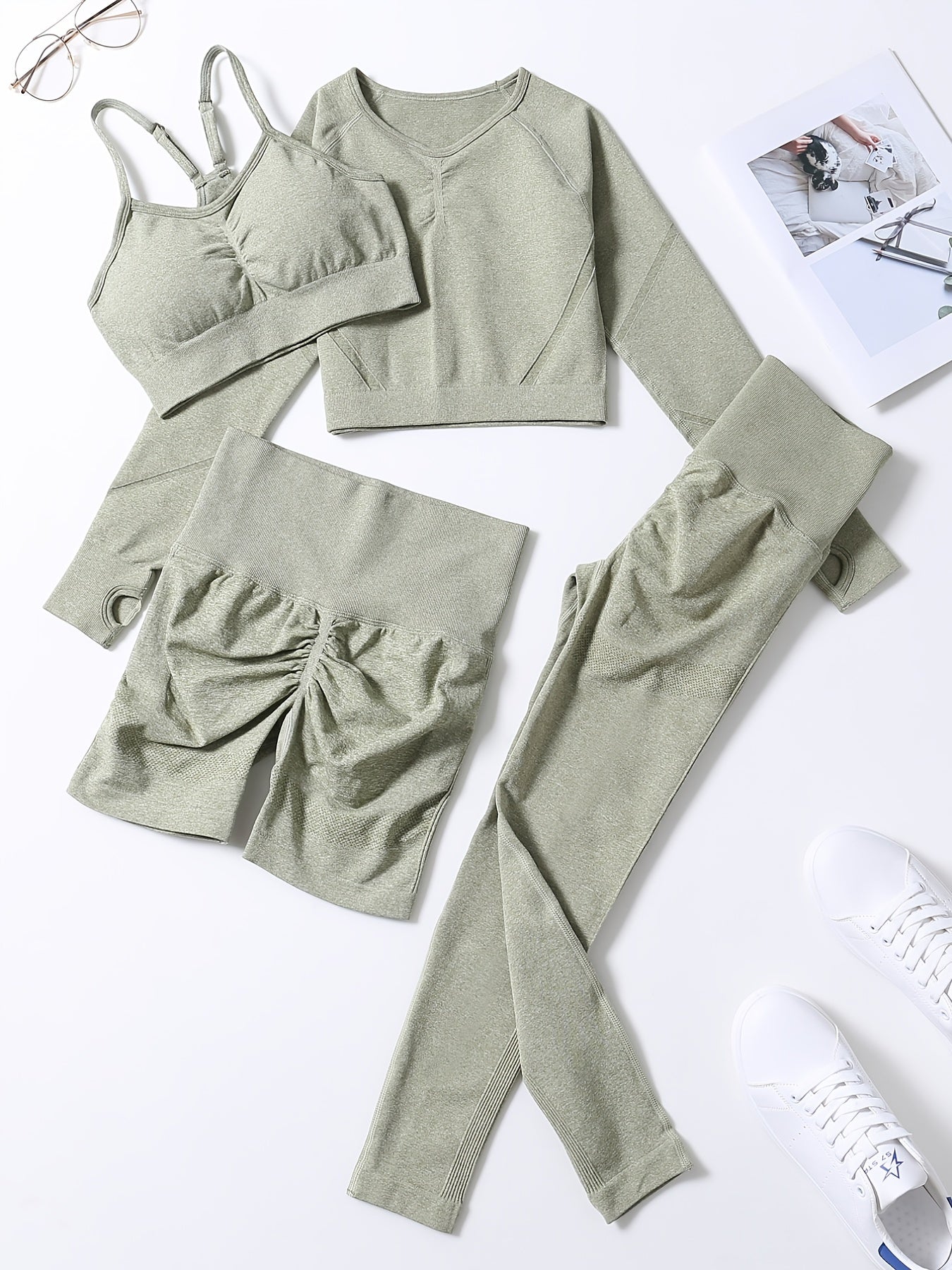 Smiling Face Style Workout Outfits for Women 4pcs Ribbed Seamless Crop Tank High Waist Yoga Leggings Sets
