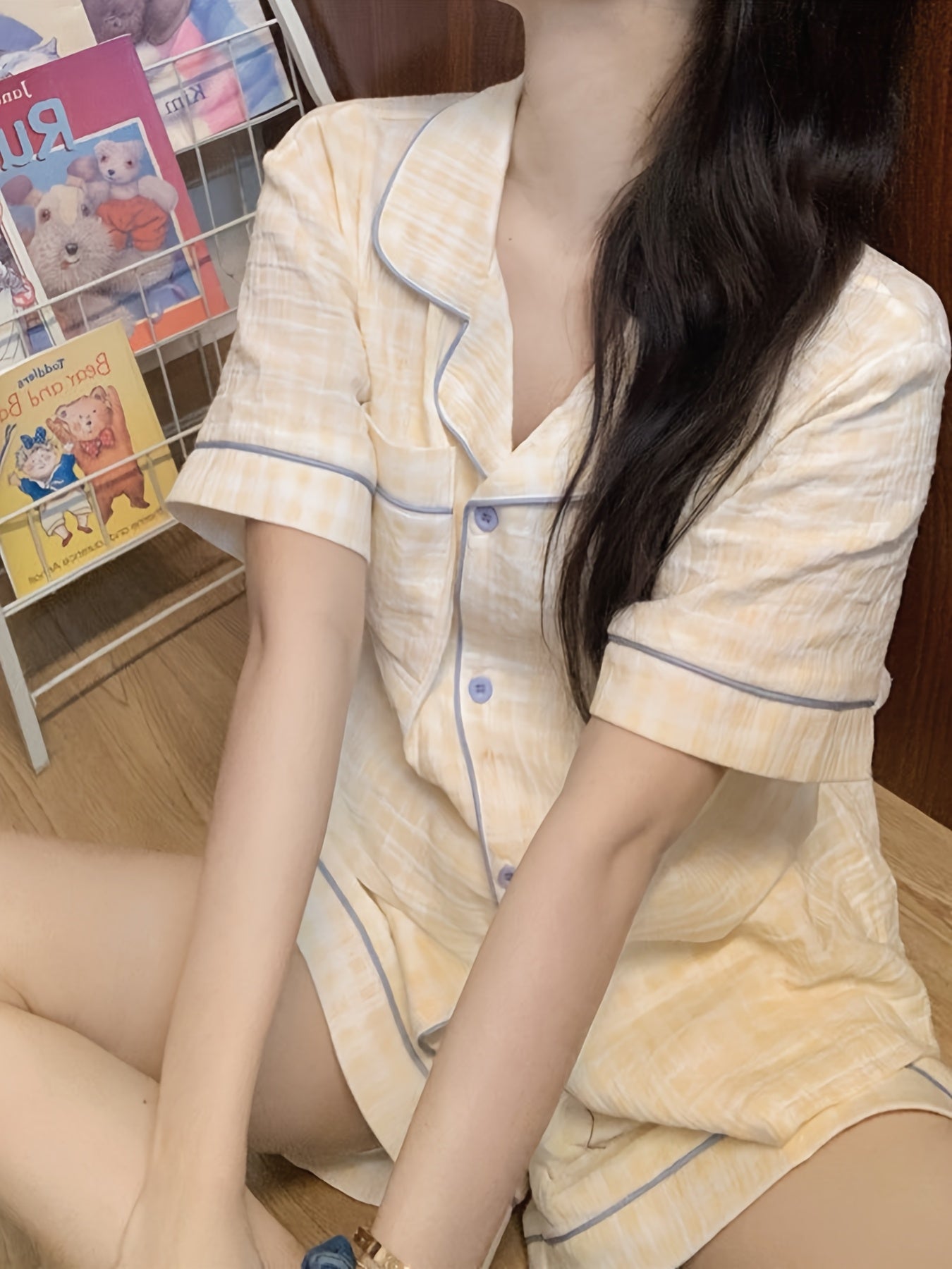ins Sweet Style Yellow Plaid Short Sleeve 2pcs Set 2025 New Home Clothes Comfortable and Wearable