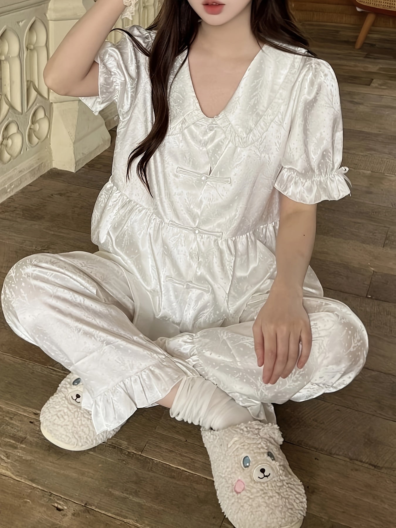 2025 New Chinese Style Summer Pajamas for Women: Ice Sliky Fiber Fabric Short-Sleeve Collar Court Lace Sweet Luxury Home Wear