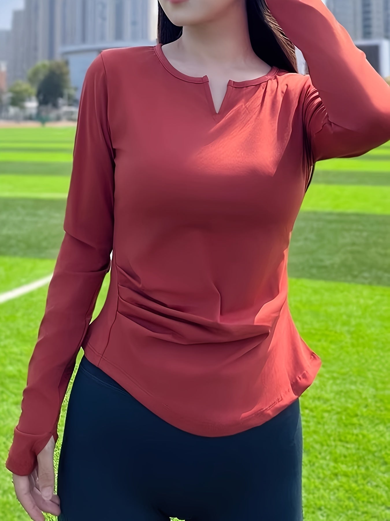 Women's Quick-Dry Sweat Absorbent Long Sleeve Workout Top - V-Neck Thumb Button Yoga Shirt with Ruching Detail, Slim Fit for Pilates, Running & Training, All-Season Machine Washable Fitness Apparel, Athletic Vneckline, Ruched Sportswear, Stretchy Fabric