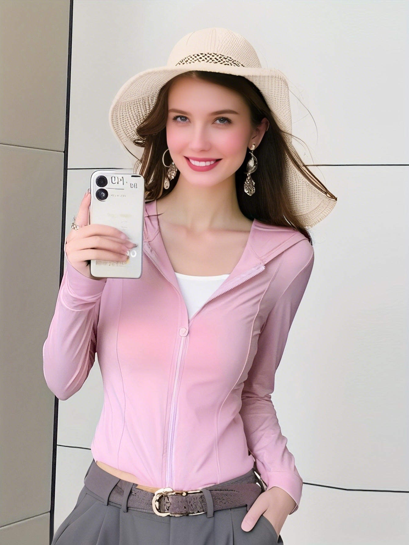 A Set of Women'S Long Jacket with a Breathable Ice Succet Protection Layer, Slim Fit Style, Suitable for Outdoor Cycling. Protect Your Light Beige from Rays And.