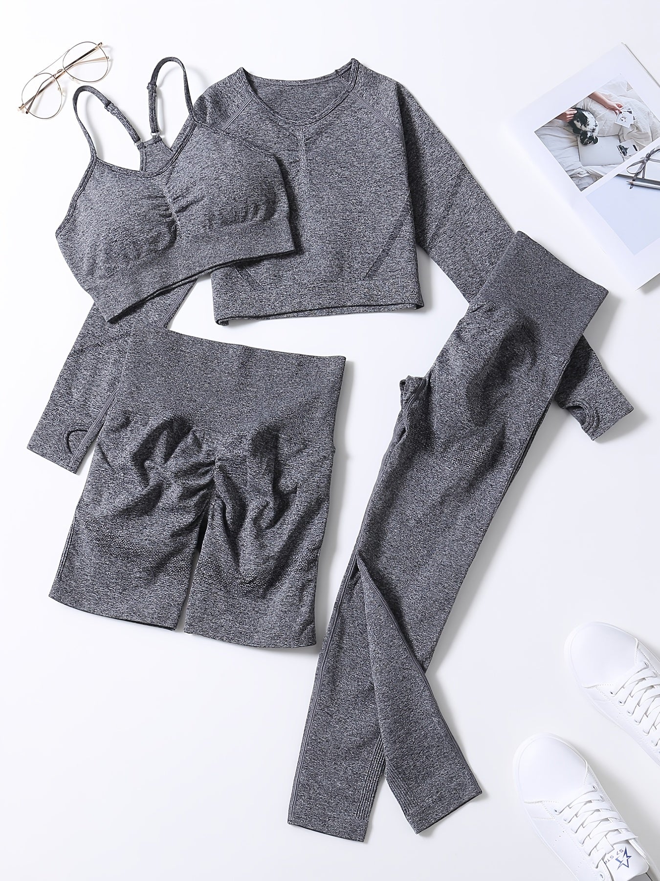 Smiling Face Style Workout Outfits for Women 4pcs Ribbed Seamless Crop Tank High Waist Yoga Leggings Sets