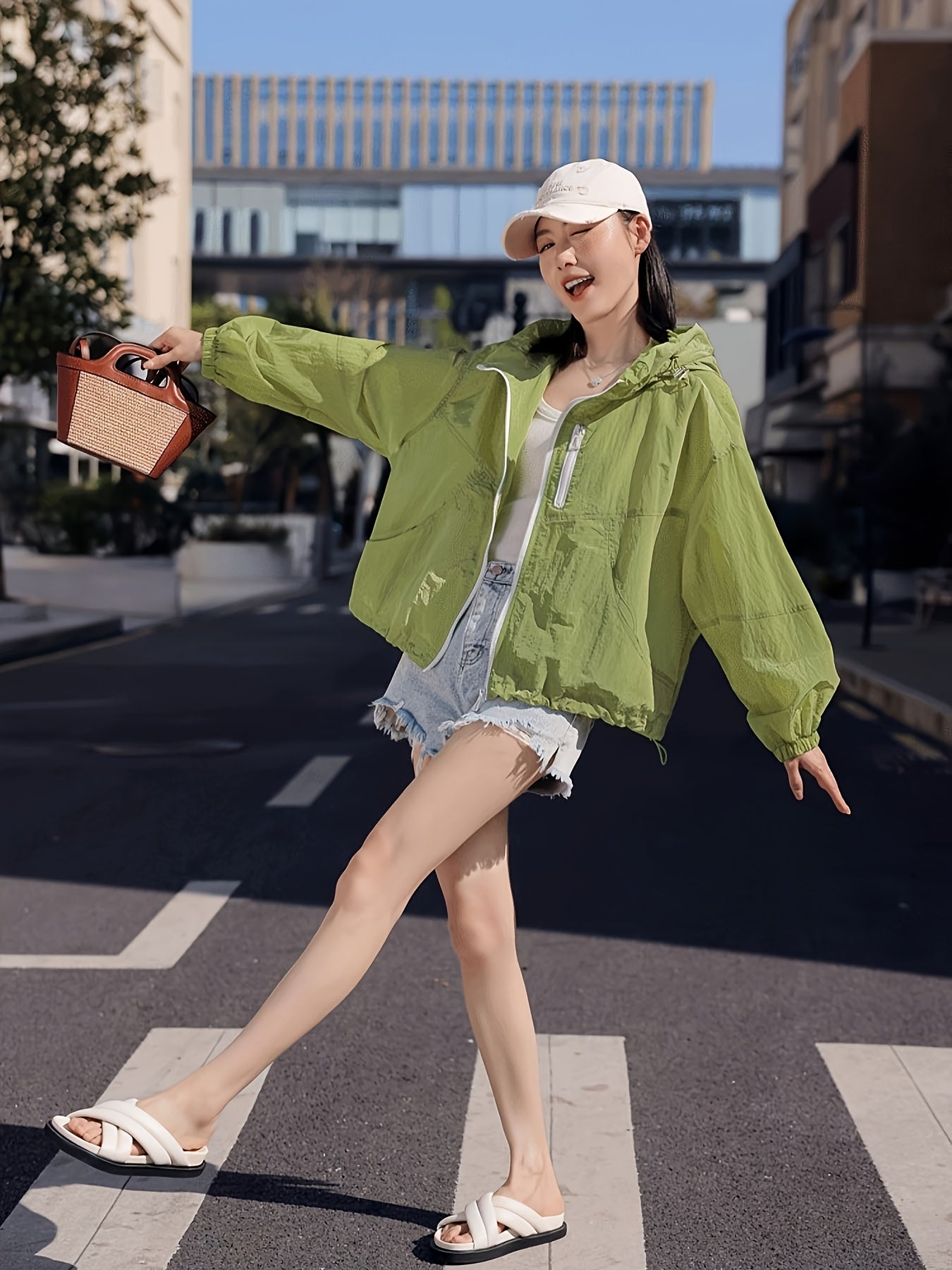 Women's Lightweight Breathable Hooded Jacket - Spring Summer Casual Outdoor Coat with Zipper Closure, Durable Non-Stretch Fabric, Vibrant Green, Machine Washable, Hooded Sun Protective Jacket, Drop Shoulder Design