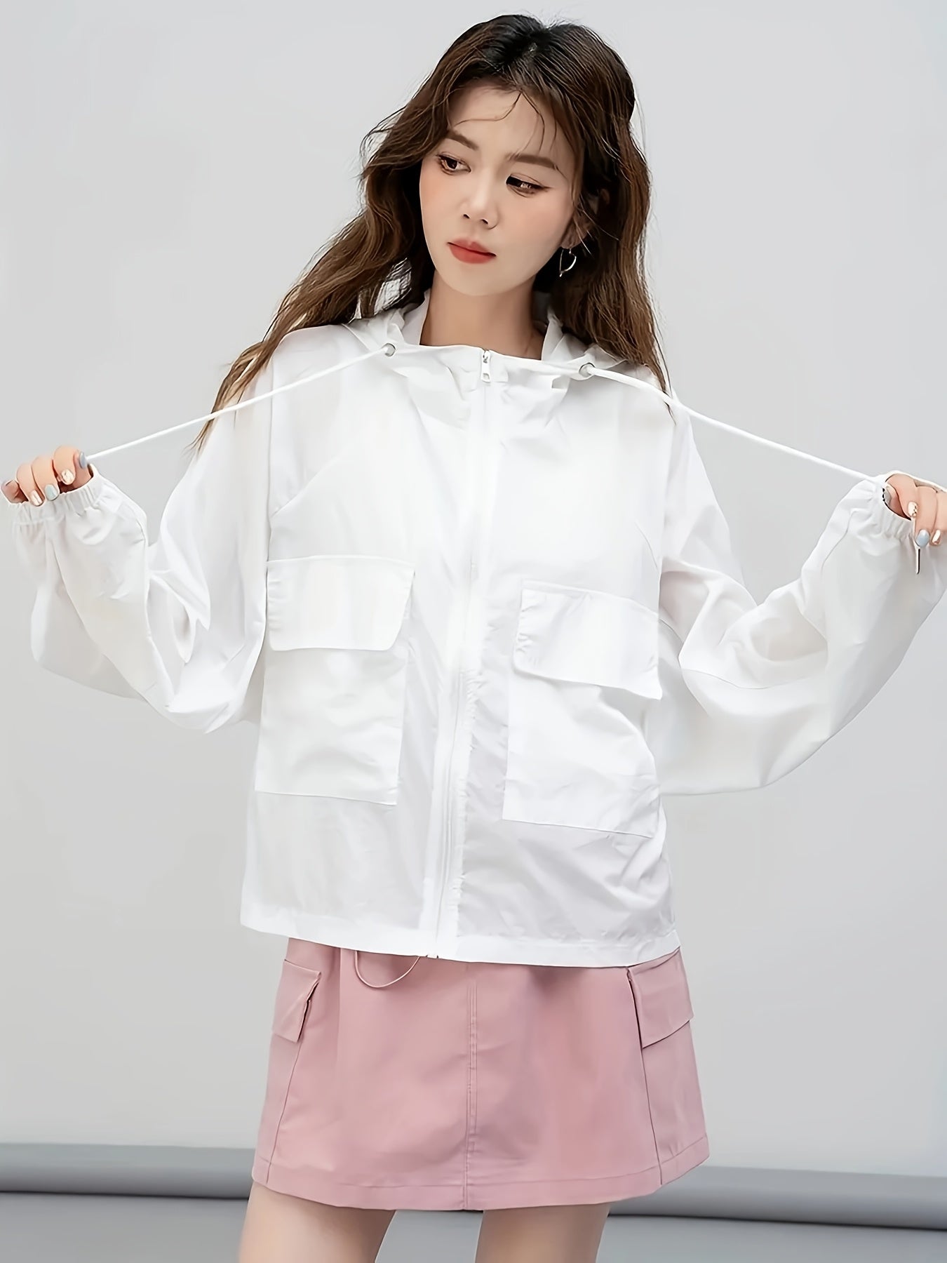 Women'S Casual Loose-Fit Breathable Hooded Jacket - Lightweight Sun Protection Beach Cover-Up, White with Black Pockets, Perfect for Spring & Summer, Casual Wear Hoodie|Relaxed Fit Hoodie|Lightweight Jacket