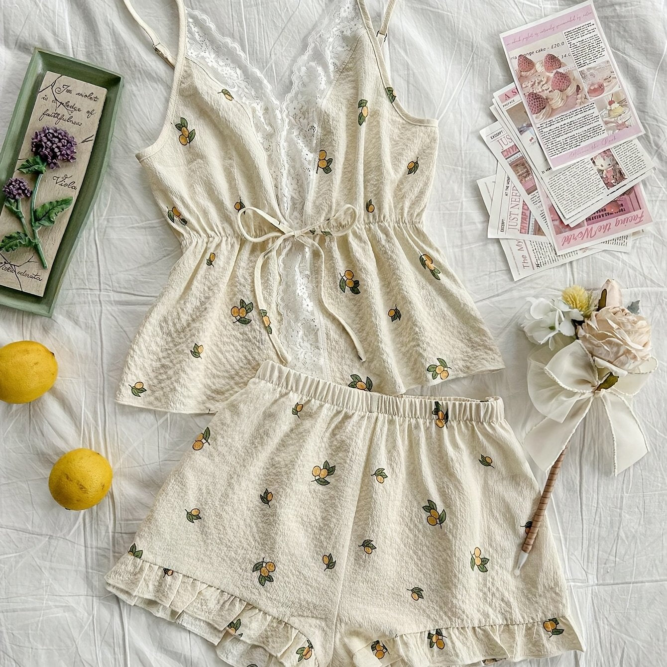 Women'S Fashion Lace Camisole and Shorts Pajama Set, Floral Pattern Spaghetti Strap Tank Top and Shorts Pajama Set, Summer