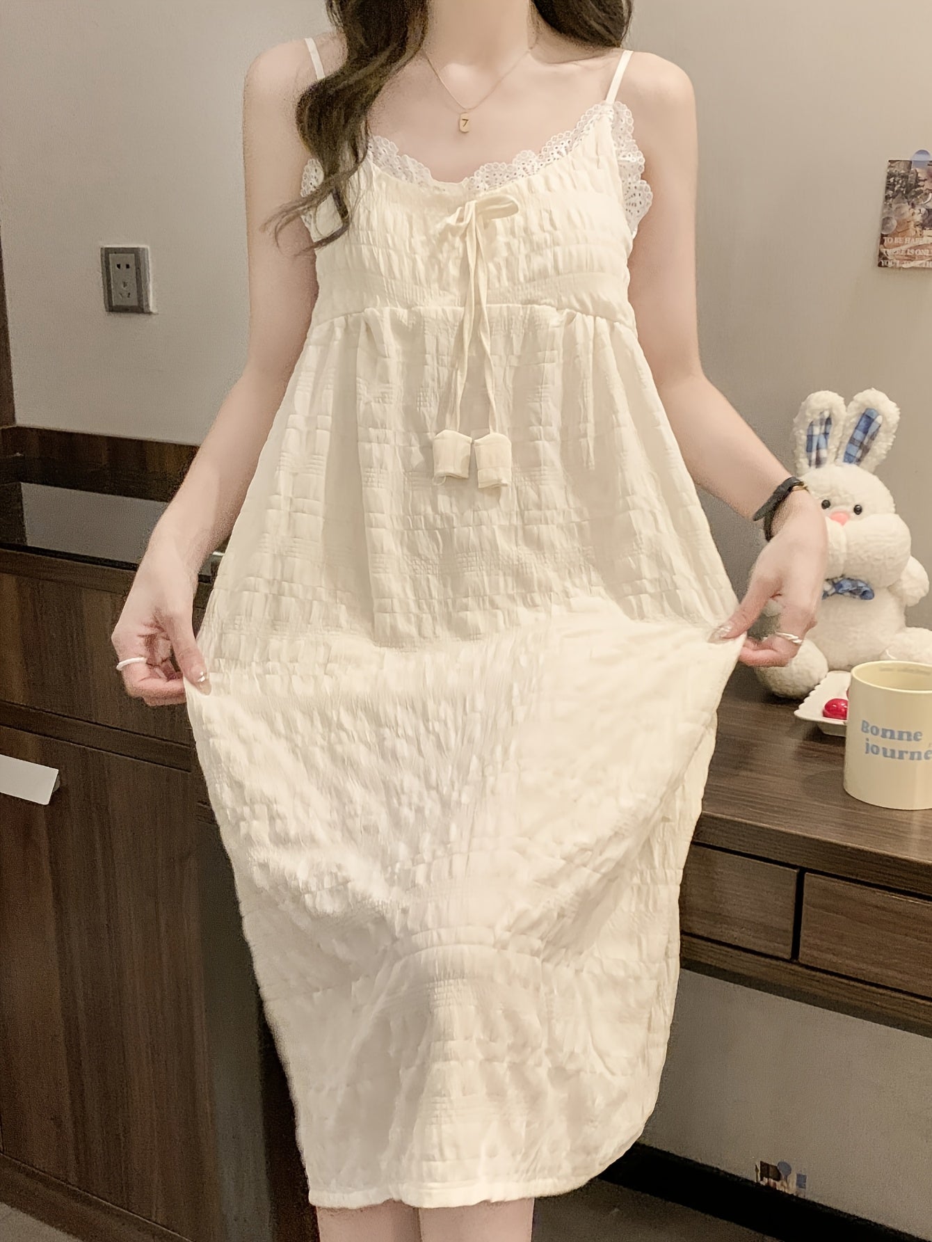 Elegant Off-Shoulder Mini Nightgown with Lace Trim - Sexy Solid Beige Cami Sleep Dress for Women, Soft Polyester Fabric, Summer Sleepwear and Loungewear, Casual Loungewear | Feminine Sleepwear | Polyester Nightgown