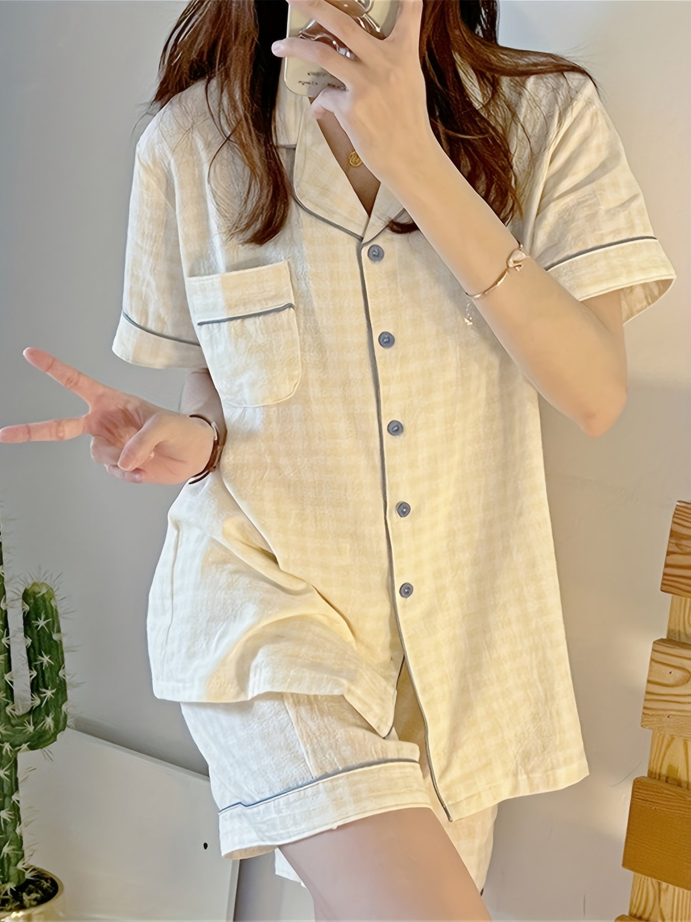 ins Sweet Style Yellow Plaid Short Sleeve 2pcs Set 2025 New Home Clothes Comfortable and Wearable