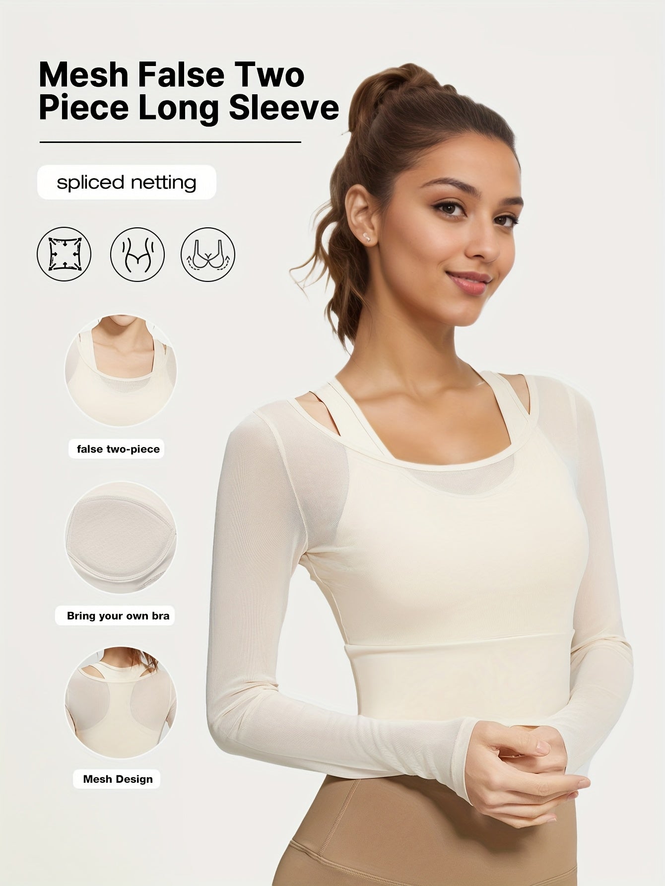 3 Colors New Spring\u002FSummer Mesh Two-Piece Yoga Set with Fixed Bra, Long Sleeve Women's Yoga Top, Slimming Elastic Waist Shaper, No-Bra Workout Fitness Shirt